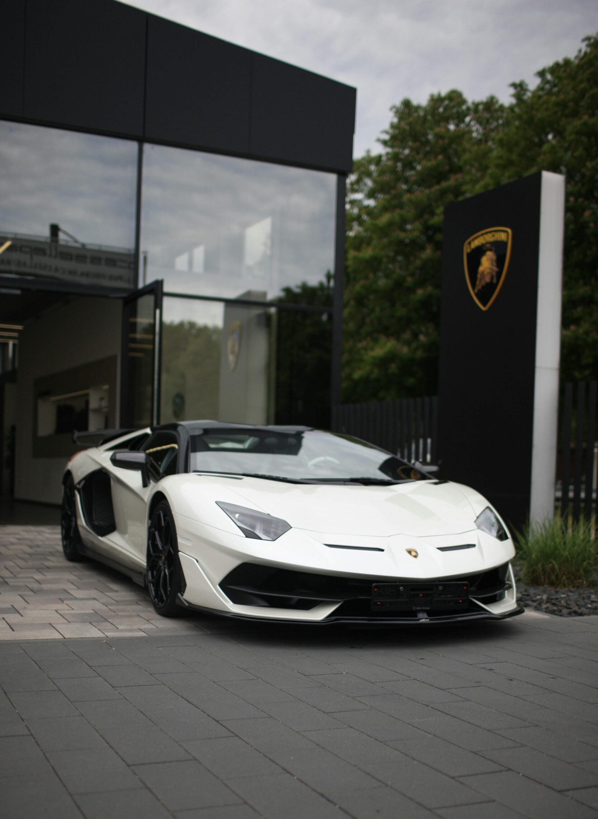 white-lamborghini-in-front-of-a-car-dealership